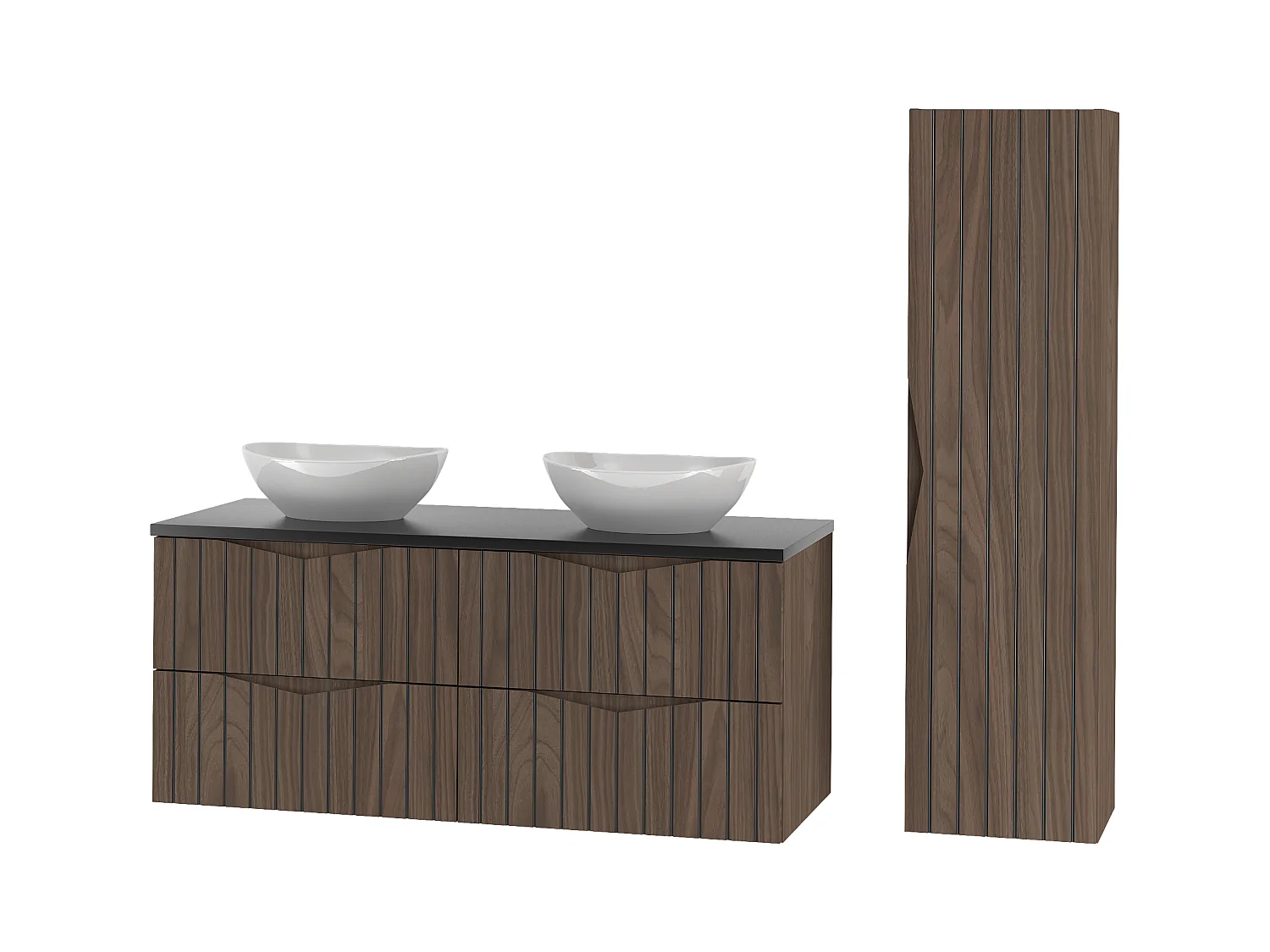 Ensemble de salle de bain 120 cm Armoire avec plan de travail Lavabo Colonne Façades rainurées Chêne Noyer Stella