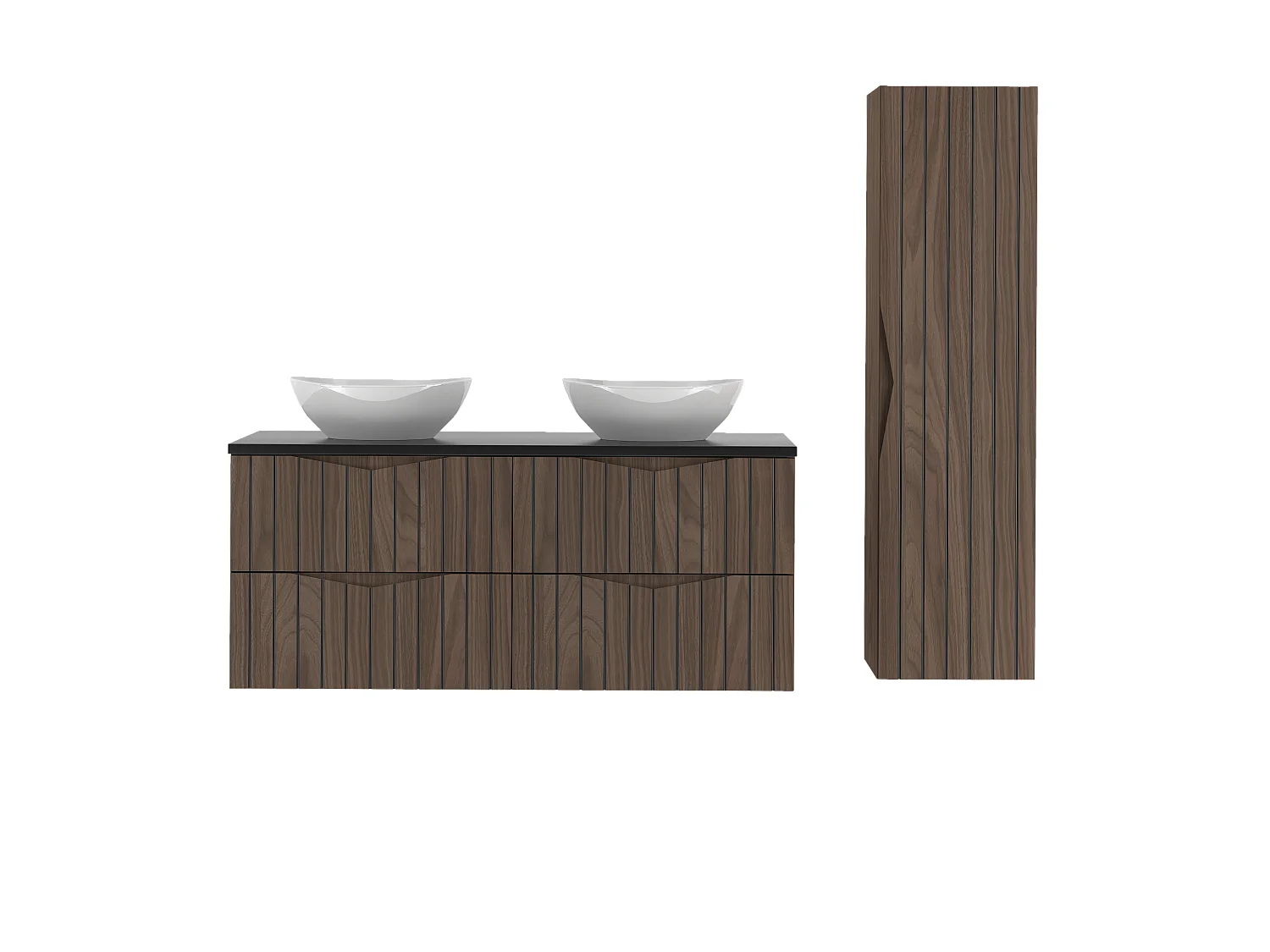 Ensemble de salle de bain 120 cm Armoire avec plan de travail Lavabo Colonne Façades rainurées Chêne Noyer Stella