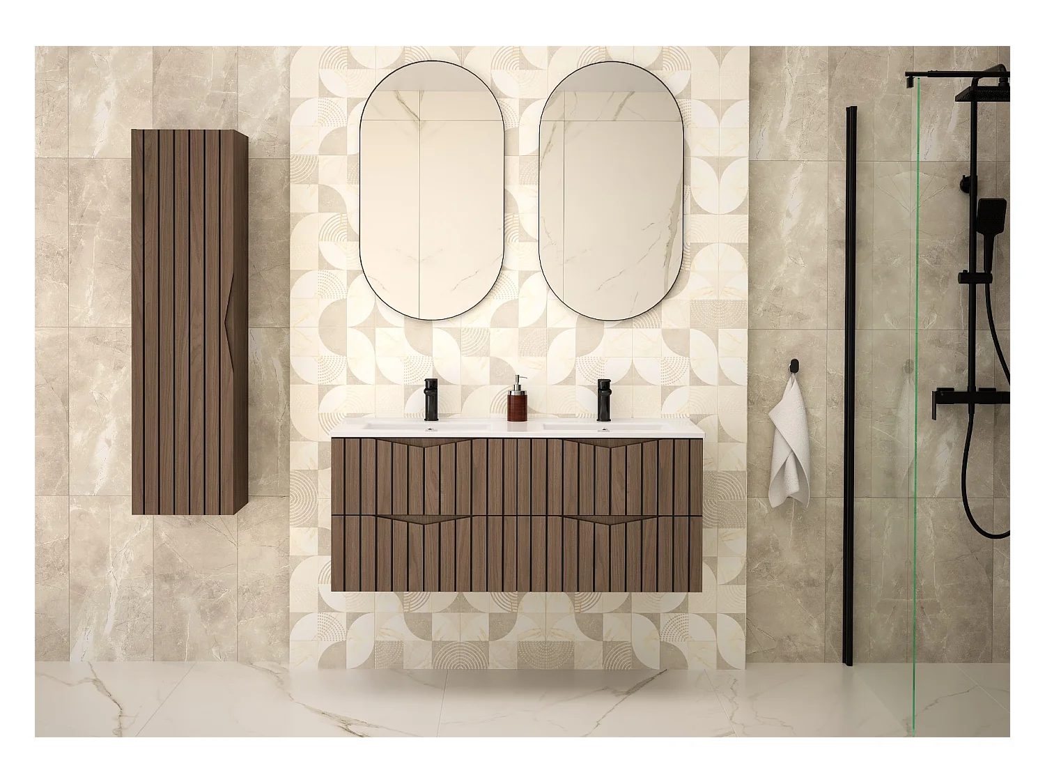 Ensemble de salle de bain 120 cm Armoire avec plan de travail Lavabo Colonne Façades rainurées Chêne Noyer Stella