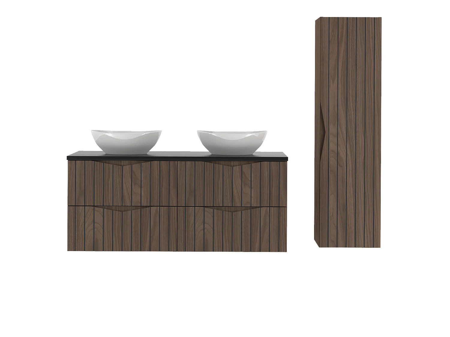 Ensemble de salle de bain 120 cm Armoire avec plan de travail Lavabo Colonne Façades rainurées Chêne Noyer Stella