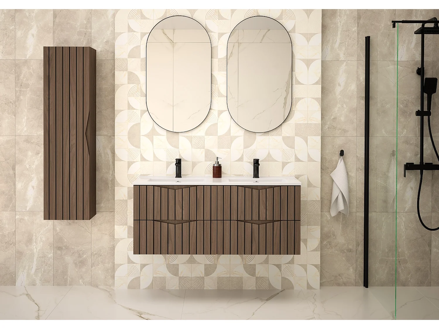 Ensemble de salle de bain 120 cm Armoire avec plan de travail Lavabo Colonne Façades rainurées Chêne Noyer Stella