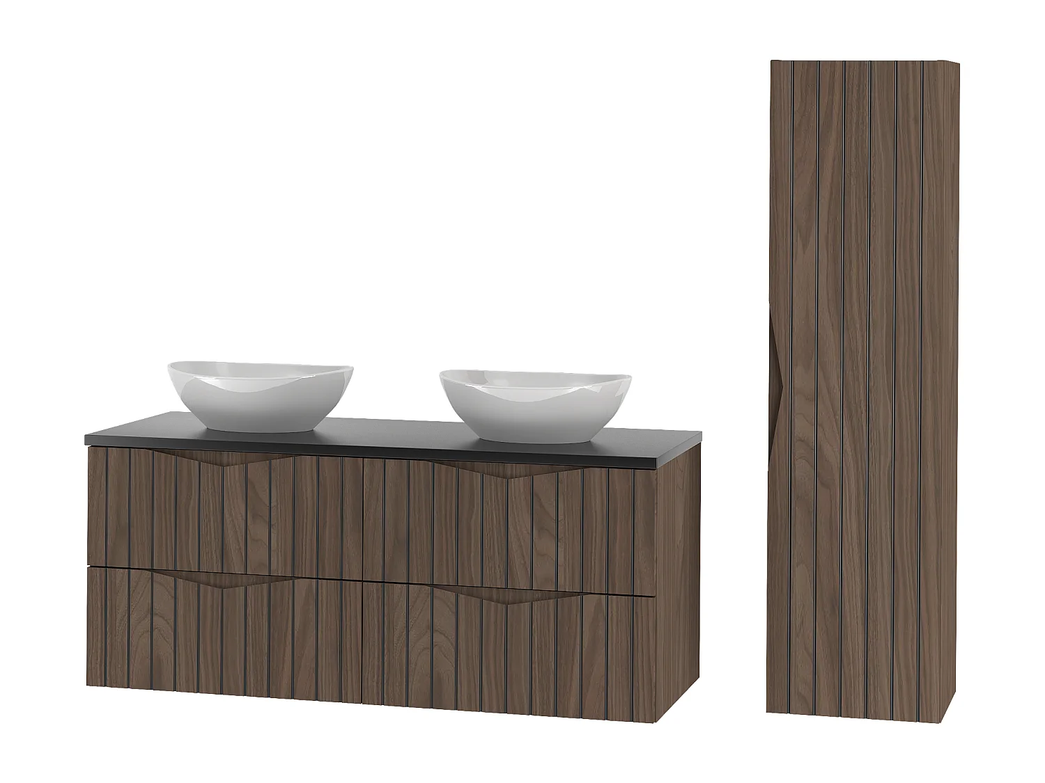 Ensemble de salle de bain 120 cm Armoire avec plan de travail Lavabo Colonne Façades rainurées Chêne Noyer Stella