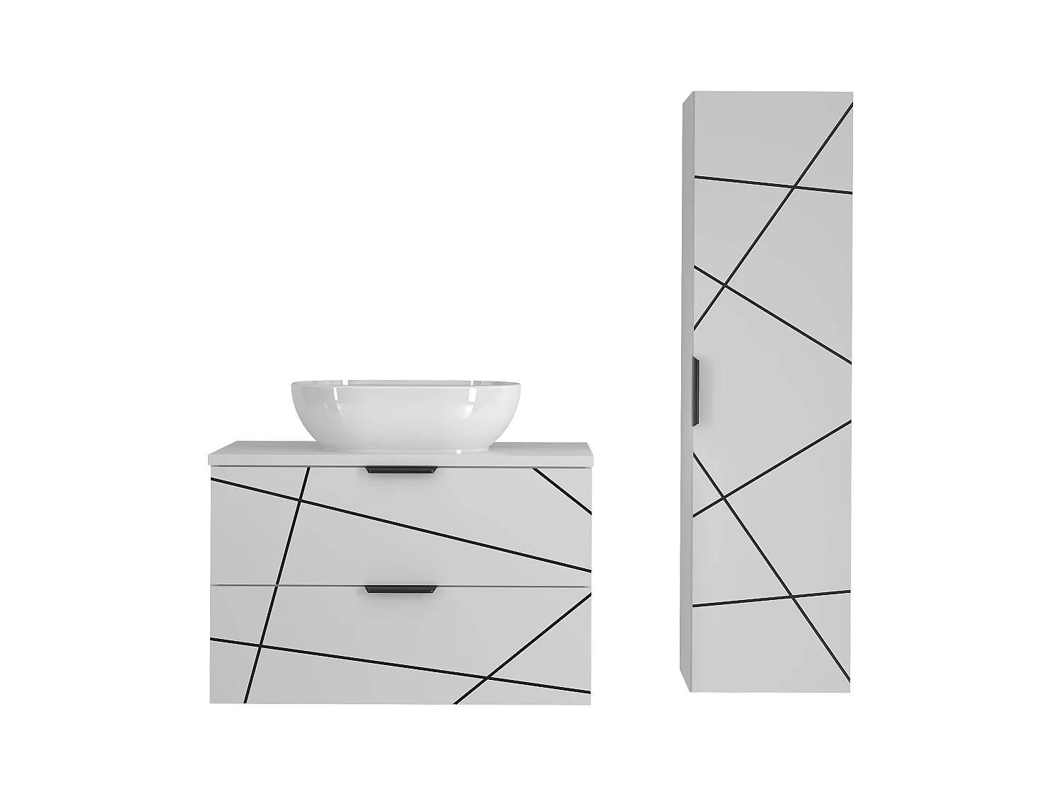 Badezimmer-Set 80 cm Schrank mit Waschtisch und Waschbecken und Hochschrank Weiß Matt Wood