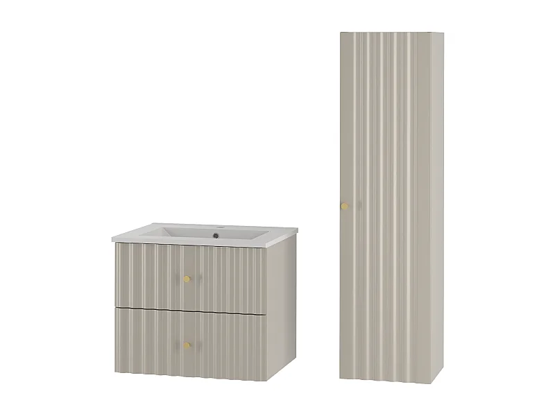 Ensemble de salle de bain en cachemire 60 cm Meuble avec lavabo Colonne Façades rainurées Aqua