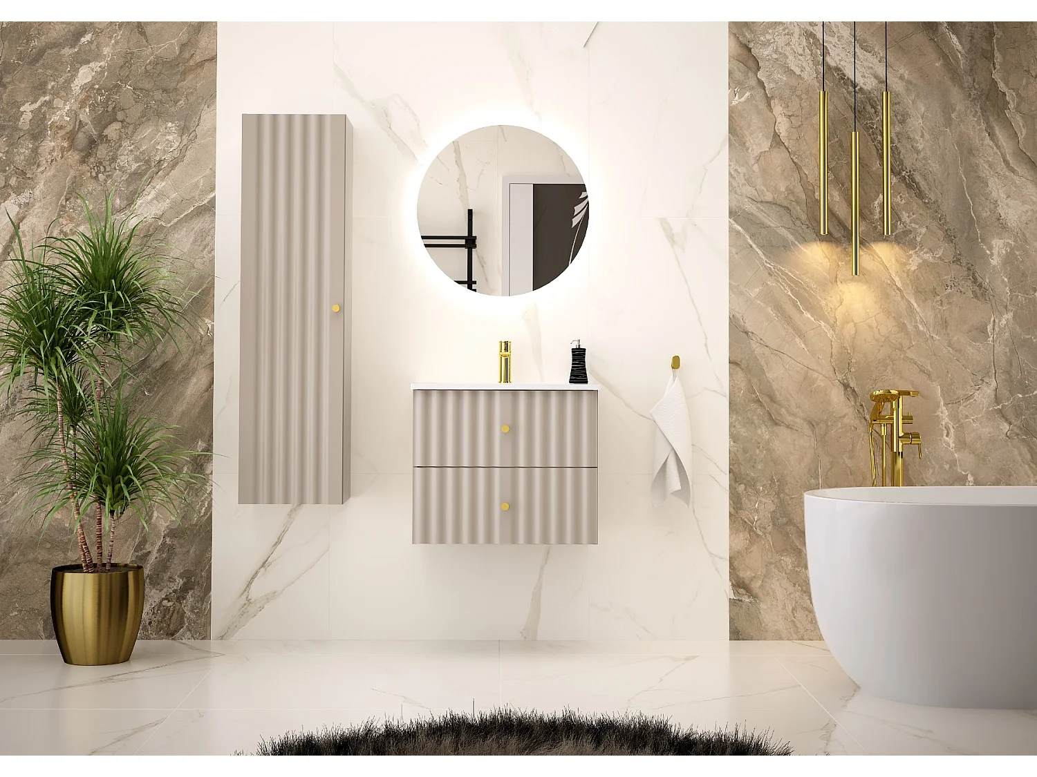 Ensemble de salle de bain en cachemire 60 cm Meuble avec lavabo Colonne Façades rainurées Aqua
