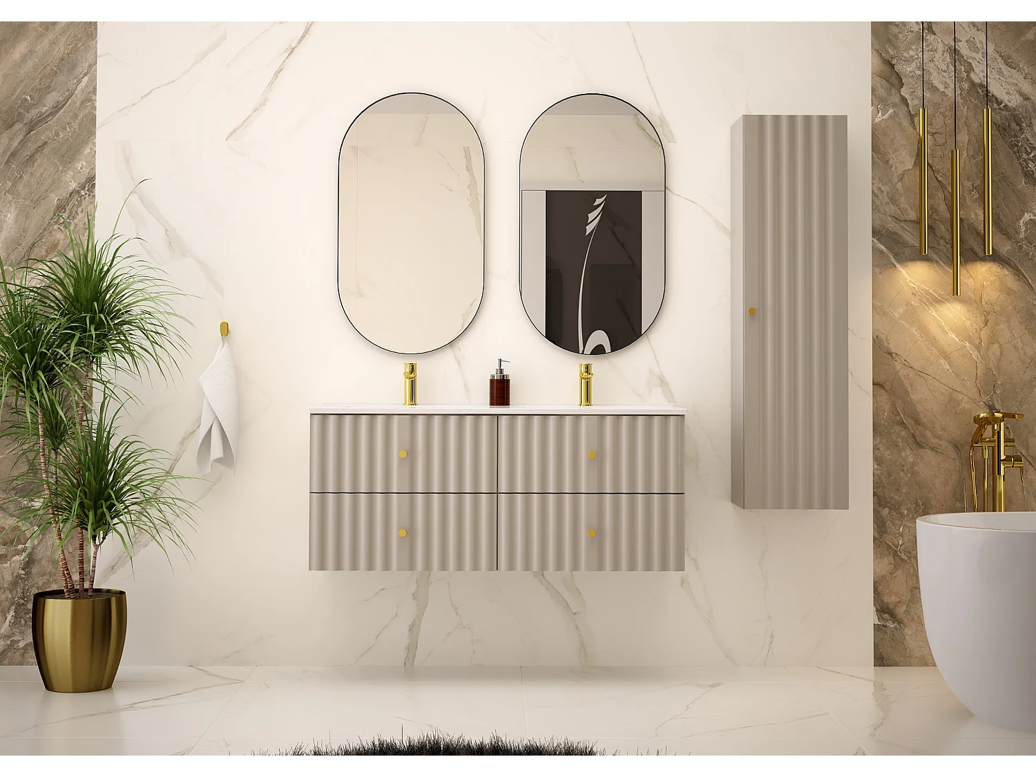 Ensemble de salle de bain en cachemire 120 cm Meuble avec lavabo Colonne Façades rainurées Aqua