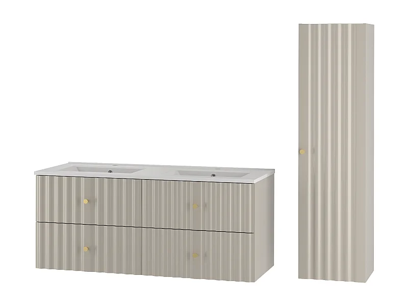 Ensemble de salle de bain en cachemire 120 cm Meuble avec lavabo Colonne Façades rainurées Aqua