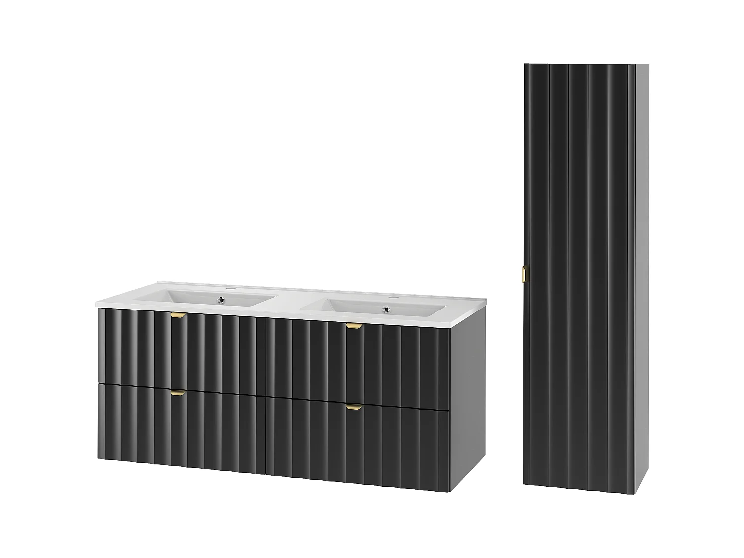 Zwarte badkamerset 120 cm Kast met wastafel Kolom Geribbelde fronten Arcos