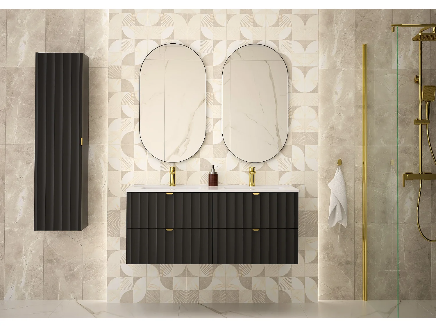 Ensemble de salle de bain noir 120 cm Meuble avec lavabo Colonne Façades rainurées Arcos