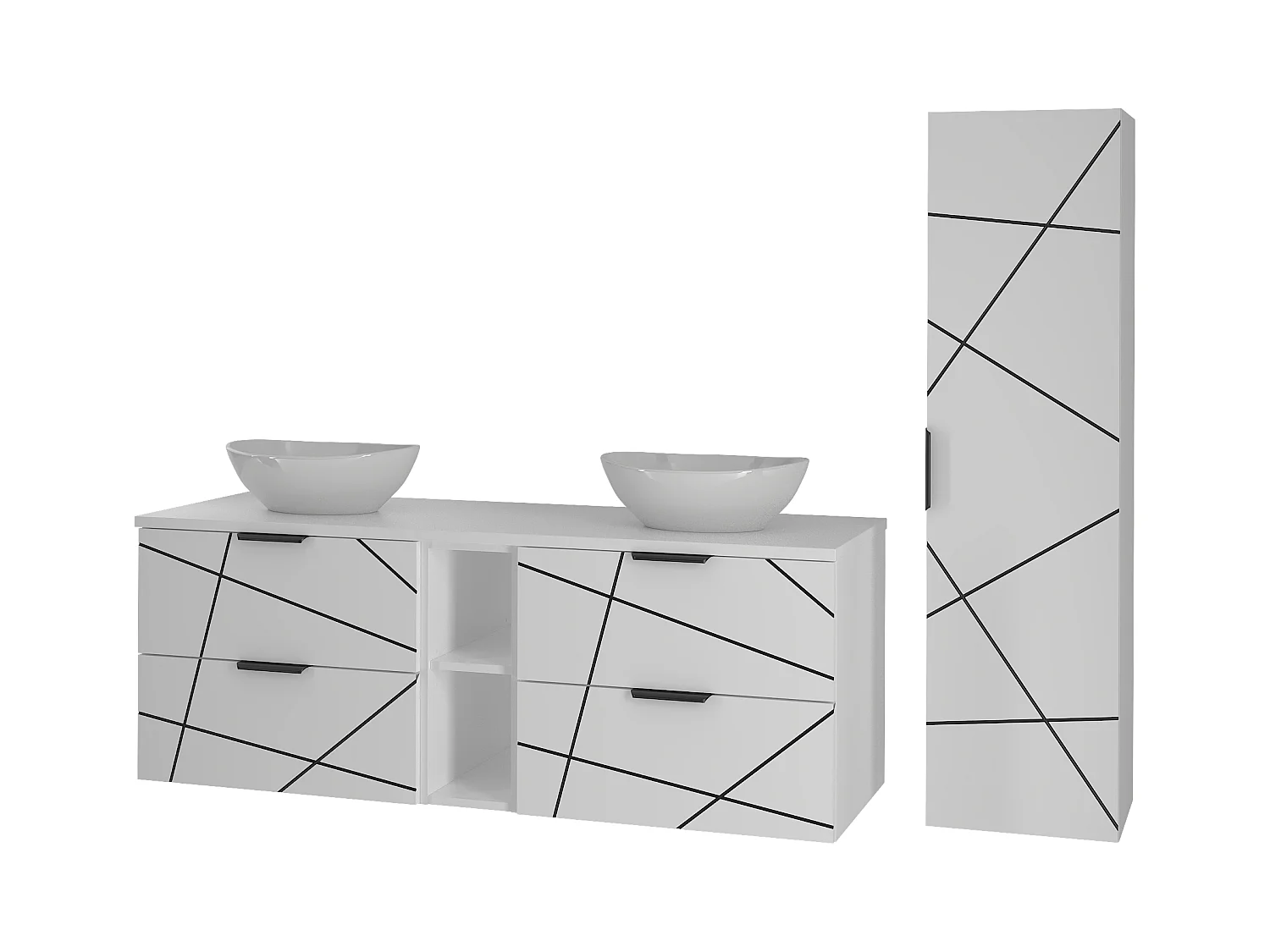 Badezimmer-Set 140 cm Schrank mit Waschtisch und Regal und Waschbecken und Hochschrank Weiß Matt Wood