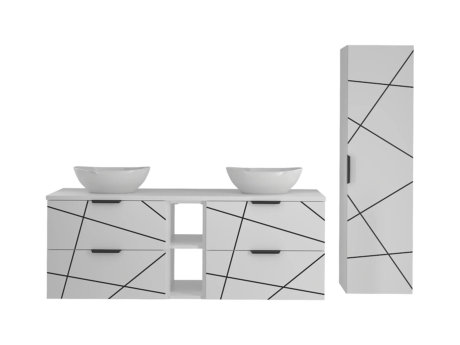 Badezimmer-Set 140 cm Schrank mit Waschtisch und Regal und Waschbecken und Hochschrank Weiß Matt Wood