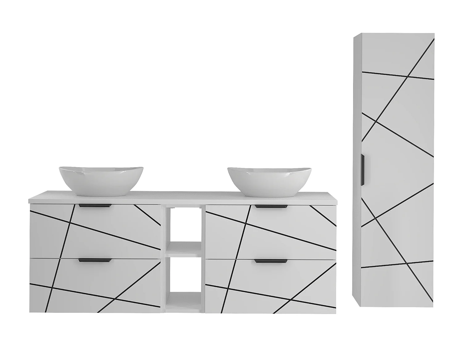 Badezimmer-Set 140 cm Schrank mit Waschtisch und Regal und Waschbecken und Hochschrank Weiß Matt Wood