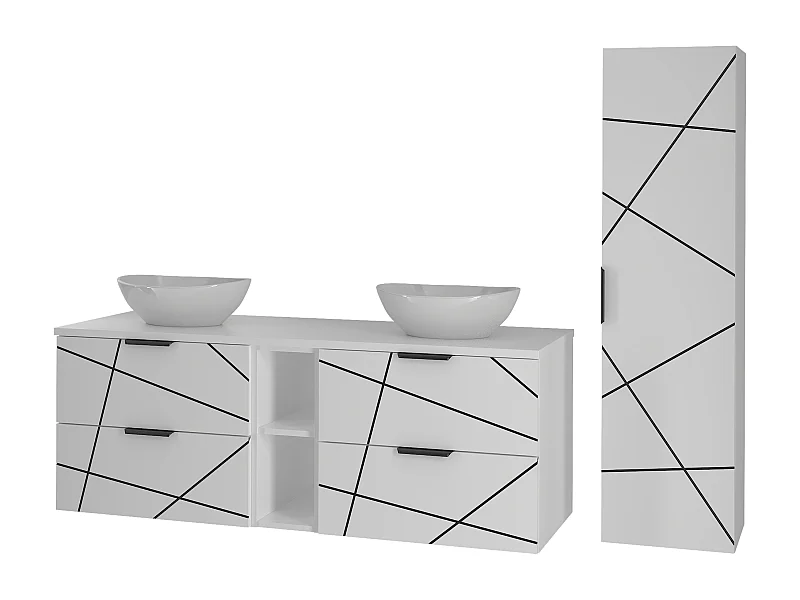 Badezimmer-Set 140 cm Schrank mit Waschtisch und Regal und Waschbecken und Hochschrank Weiß Matt Wood