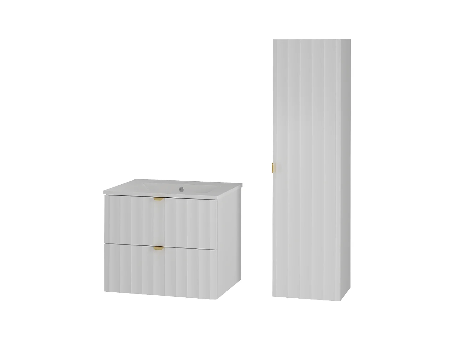 Weiß Badezimmer Set 60cm Badezimmerschrank mit Waschbecken und Hochschrank geriffelte Fronten Arcos