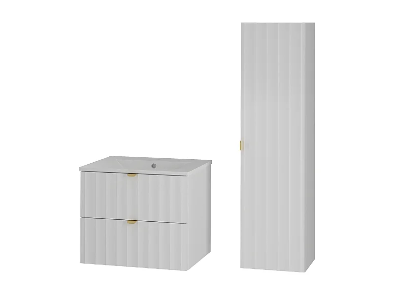 Witte badkamerset 60 cm Kast met wastafel Kolom Geribbelde fronten Arcos