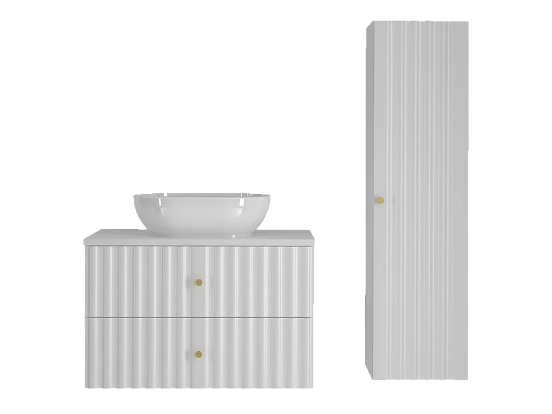 Biały Zestaw Łazienkowy 80cm Szafka z Blatem Umywalka Słupek Ryflowane Fronty Aqua