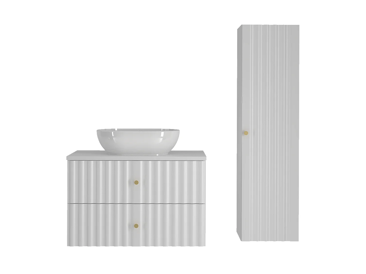 Ensemble de salle de bain blanc 80 cm Meuble avec plan de travail Lavabo Colonne Façades rainurées Aqua