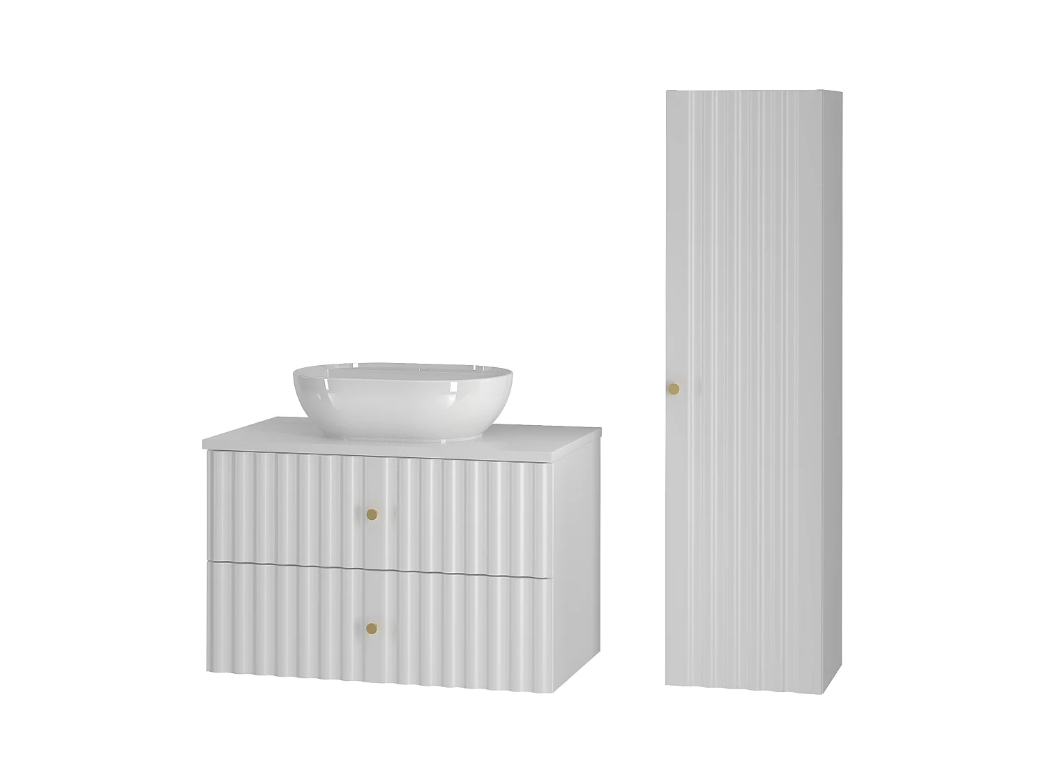 Ensemble de salle de bain blanc 80 cm Meuble avec plan de travail Lavabo Colonne Façades rainurées Aqua