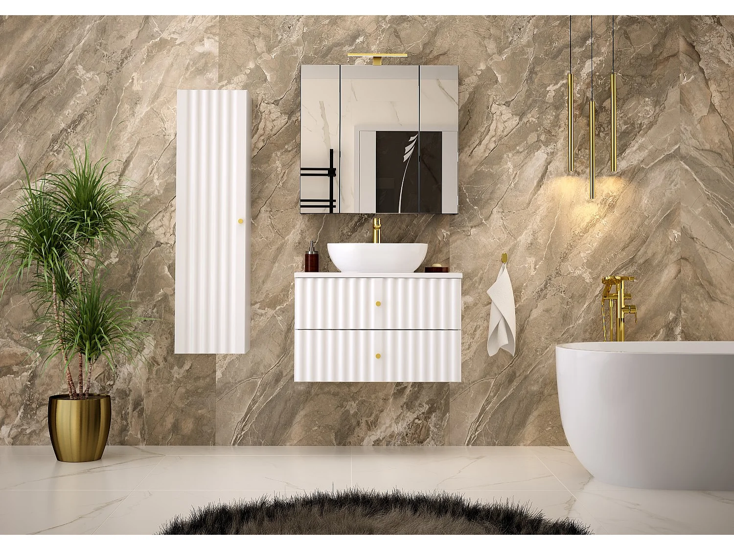 Ensemble de salle de bain blanc 80 cm Meuble avec plan de travail Lavabo Colonne Façades rainurées Aqua