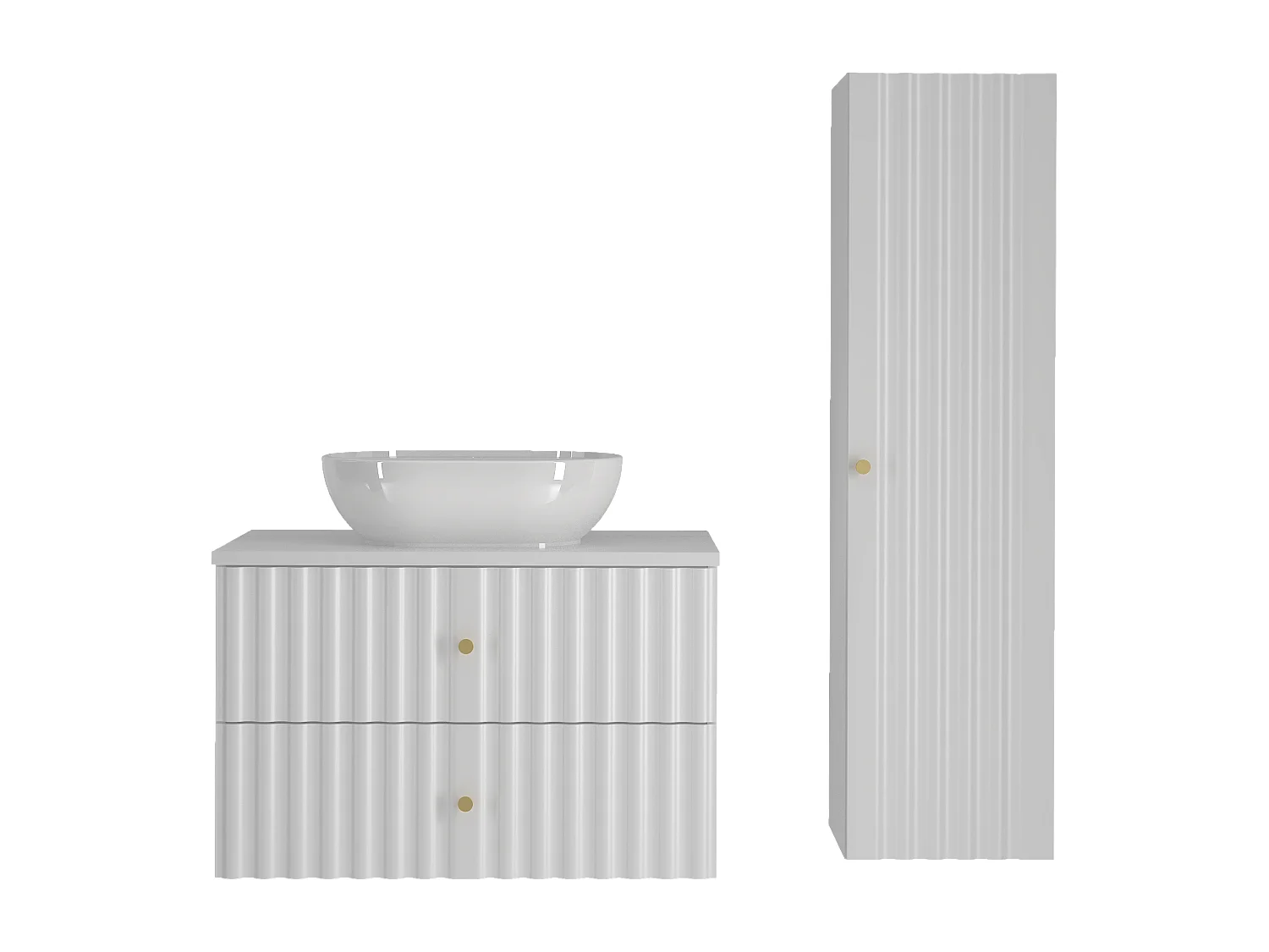 Witte badkamerset 80 cm Kast met blad Wastafel Kolom Geribbelde fronten Aqua