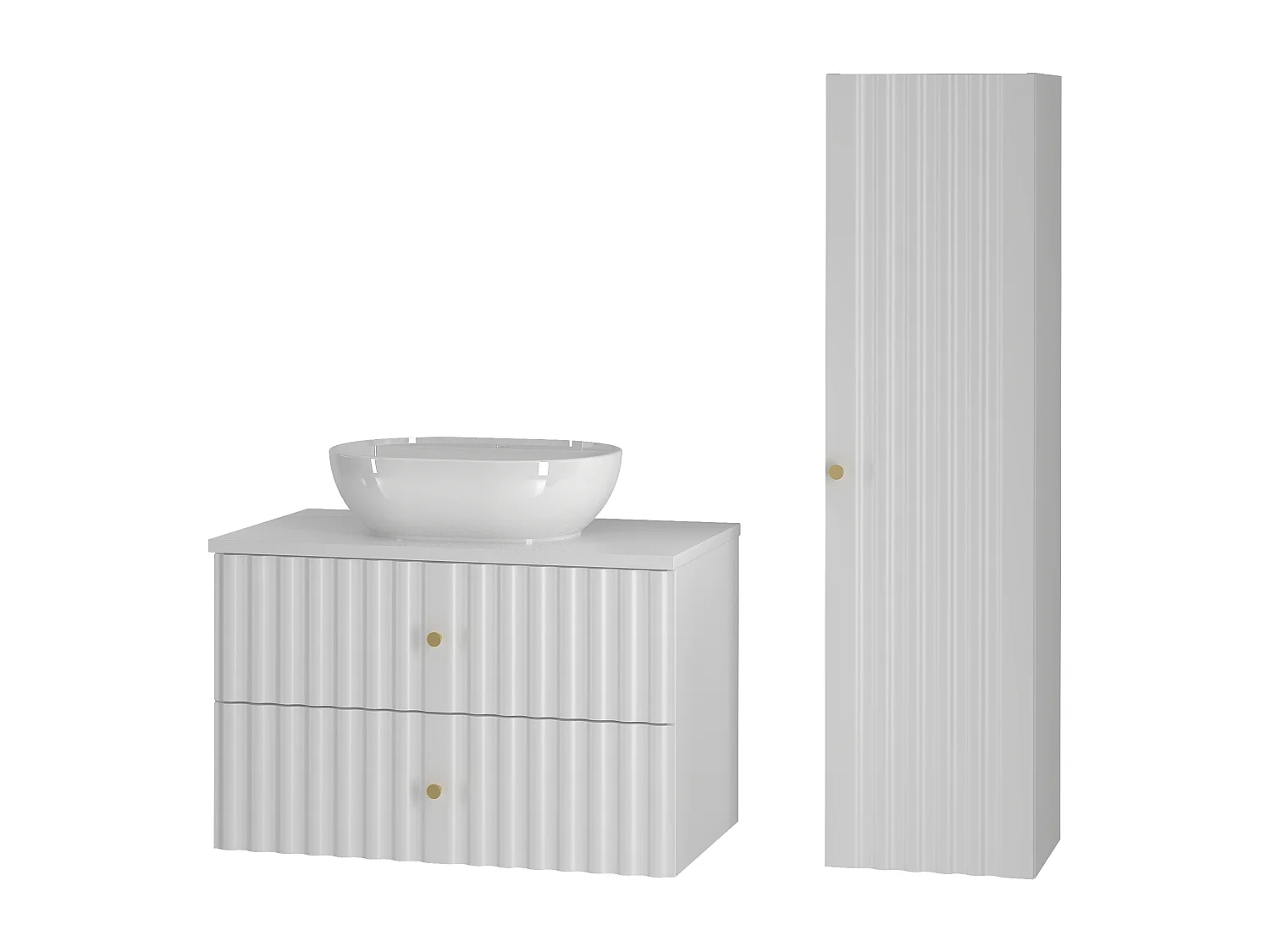 Witte badkamerset 80 cm Kast met blad Wastafel Kolom Geribbelde fronten Aqua