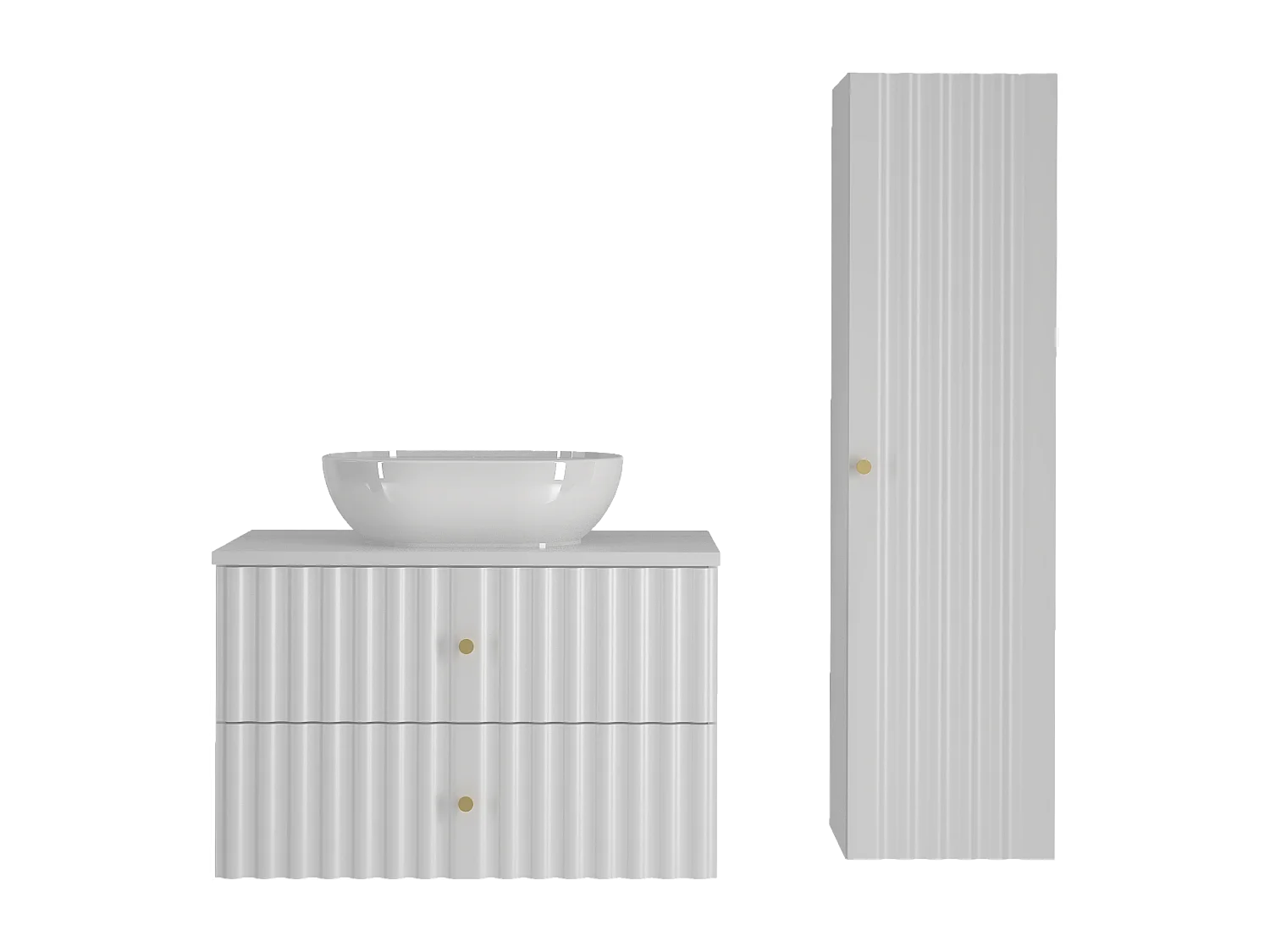 Ensemble de salle de bain blanc 80 cm Meuble avec plan de travail Lavabo Colonne Façades rainurées Aqua