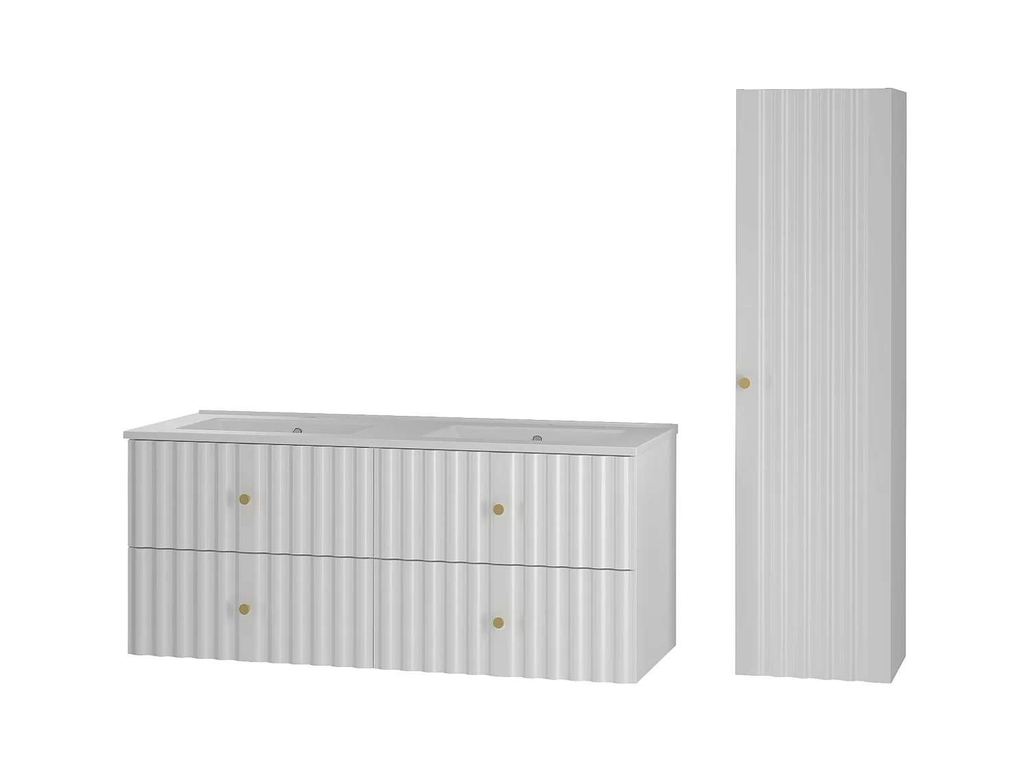 Witte badkamerset 120 cm Kast met wastafel Kolom Geribbelde fronten Aqua