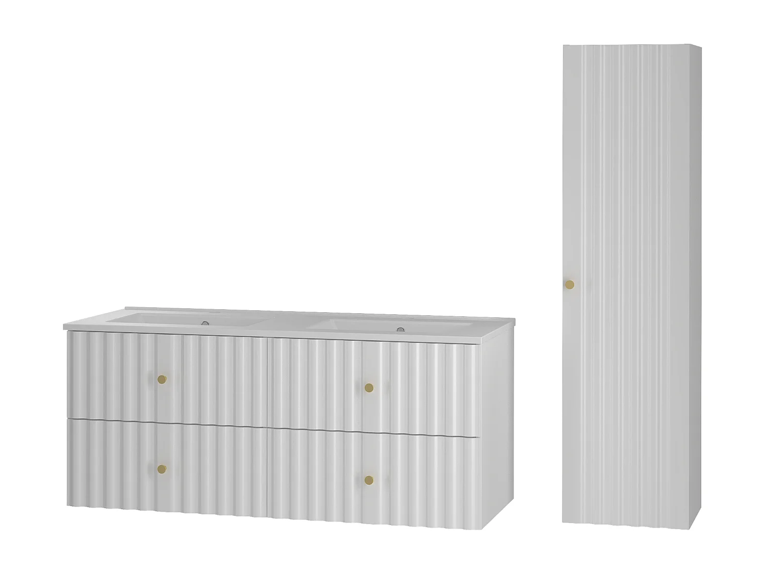 Ensemble de salle de bain blanc 120 cm Meuble avec lavabo Colonne Façades rainurées Aqua