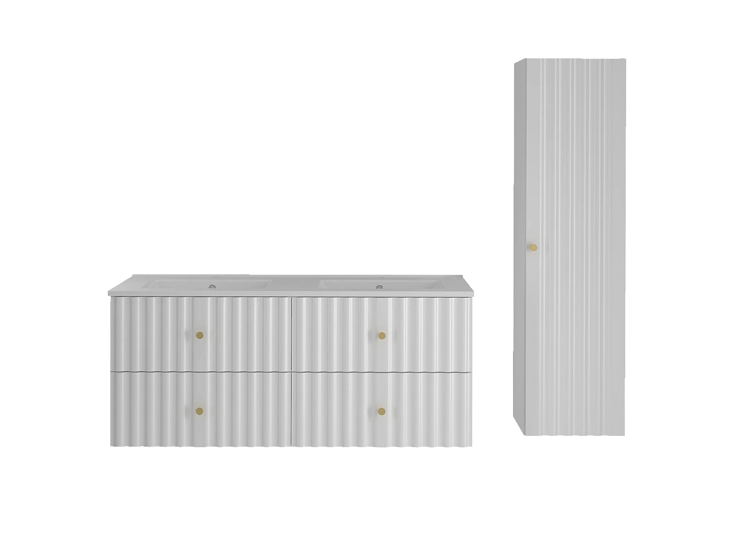 Ensemble de salle de bain blanc 120 cm Meuble avec lavabo Colonne Façades rainurées Aqua