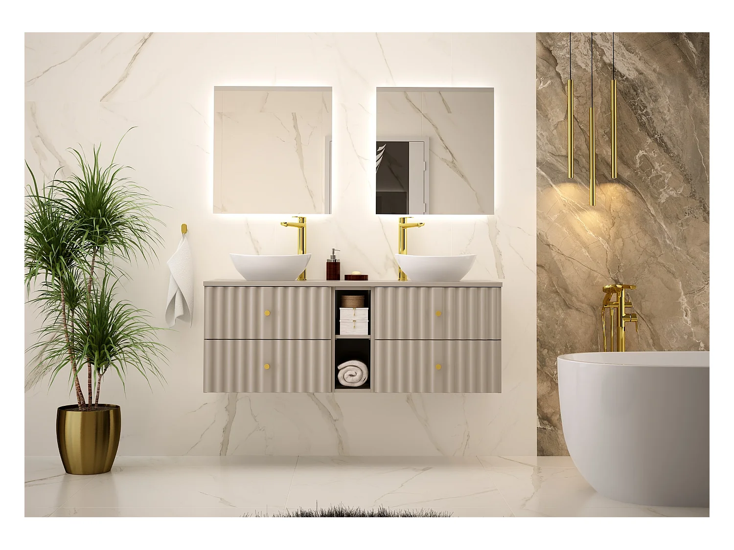 Ensemble de salle de bain en cachemire 140 cm Armoire avec plan de travail Lavabo Étagère Façades rainurées Aqua