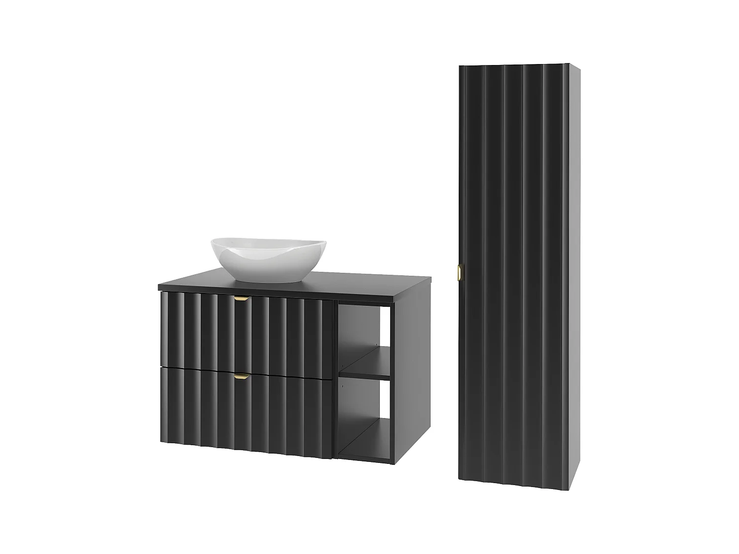 Zwarte badkamerset 80 cm Kast met blad Rek Wastafel Kolom Geribbelde fronten Arcos