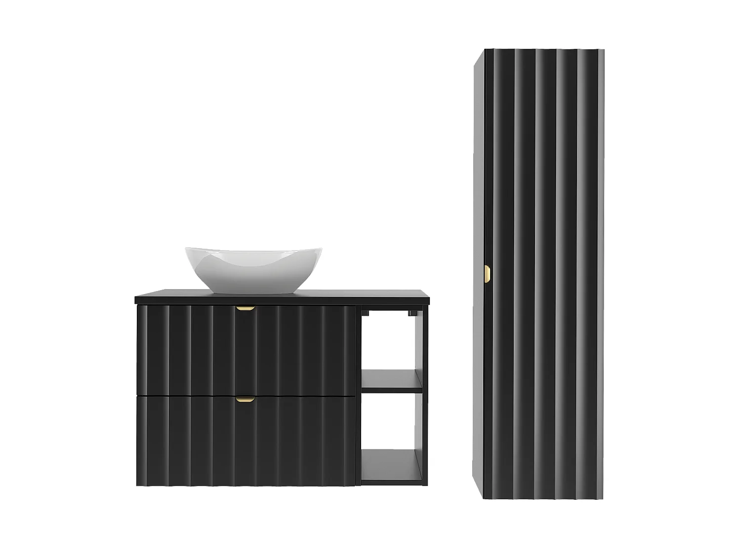 Zwarte badkamerset 80 cm Kast met blad Rek Wastafel Kolom Geribbelde fronten Arcos