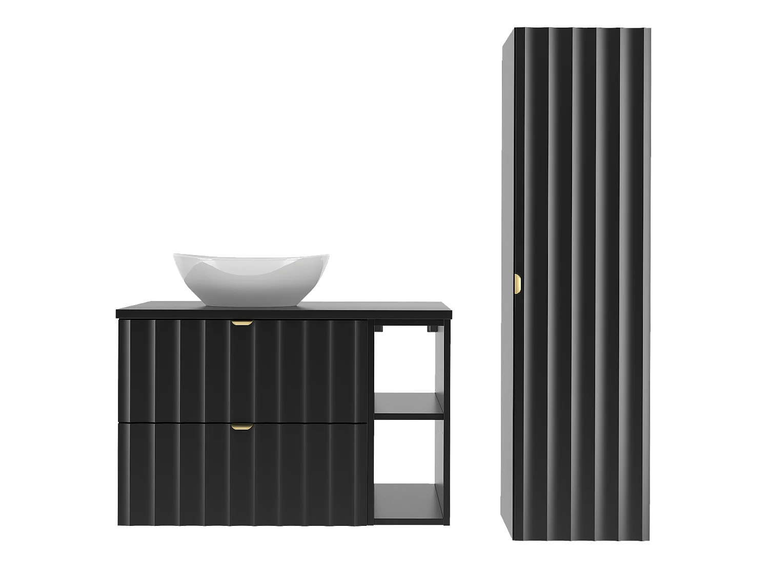 Zwarte badkamerset 80 cm Kast met blad Rek Wastafel Kolom Geribbelde fronten Arcos
