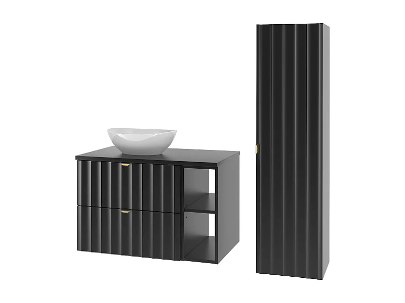 Ensemble de salle de bain noir 80 cm Armoire avec plan de travail Étagère Lavabo Colonne Façades rainurées Arcos