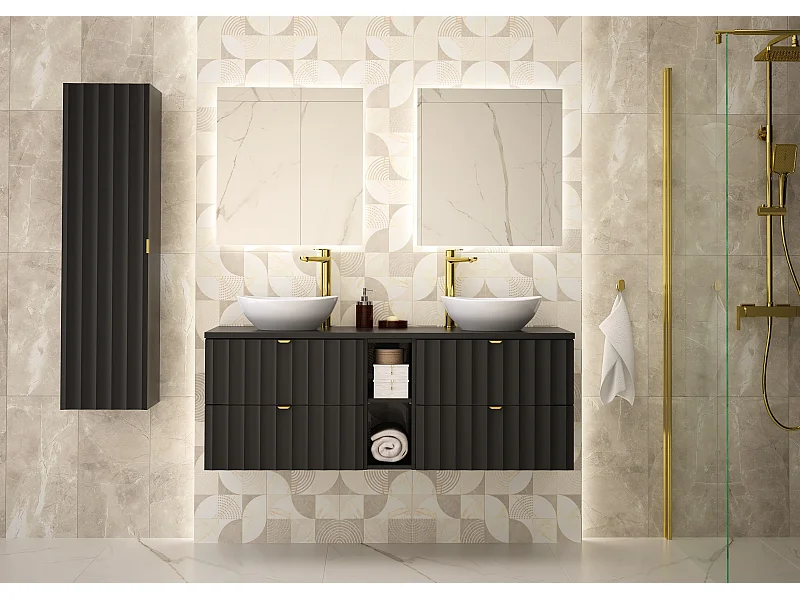 Schwarz Badezimmer Set 140cm Schrank und Regal mit Arbeitsplatte und Waschbecken und Hochschrank Geriffelte Fronten Arcos