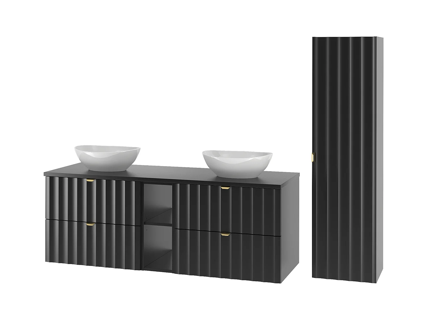 Zwarte badkamerset 140 cm Kast met blad Rek Wasbak Kolom Geribbelde fronten Arcos