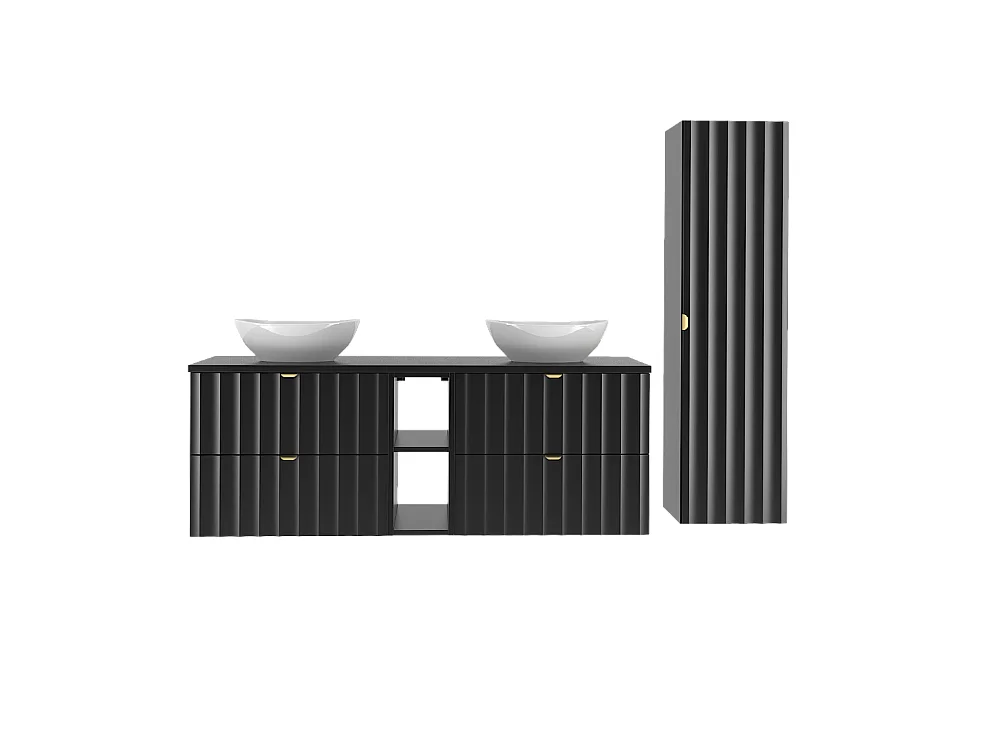 Zwarte badkamerset 140 cm Kast met blad Rek Wasbak Kolom Geribbelde fronten Arcos