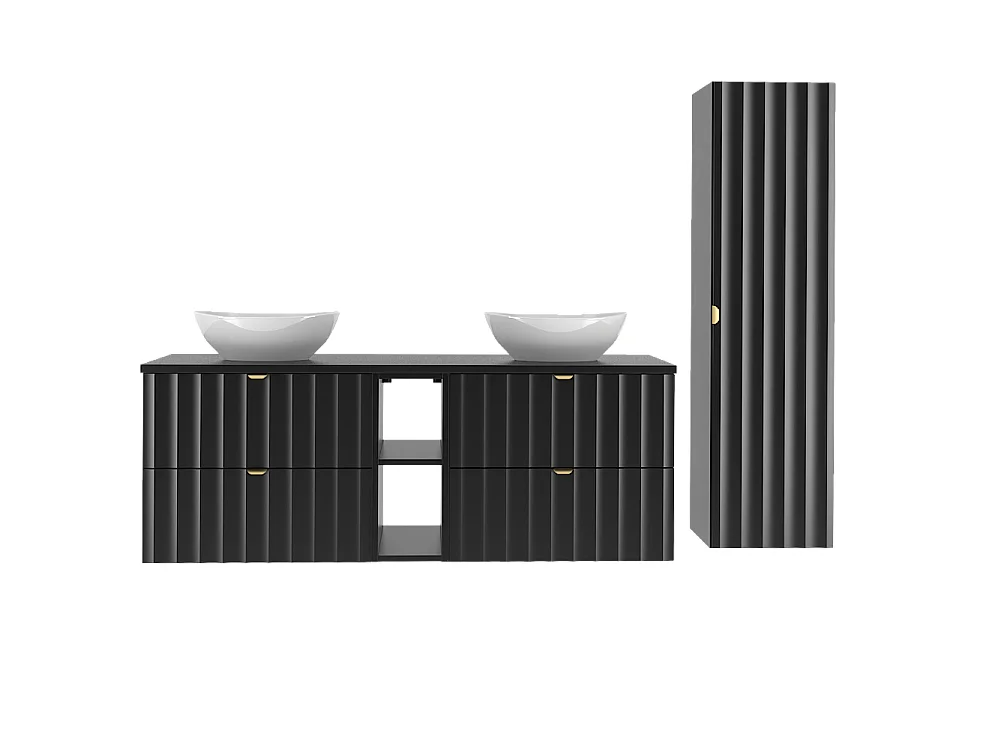 Ensemble de salle de bain noir 140 cm Armoire avec plan de travail Étagère Lavabo Colonne Façades rainurées Arcos