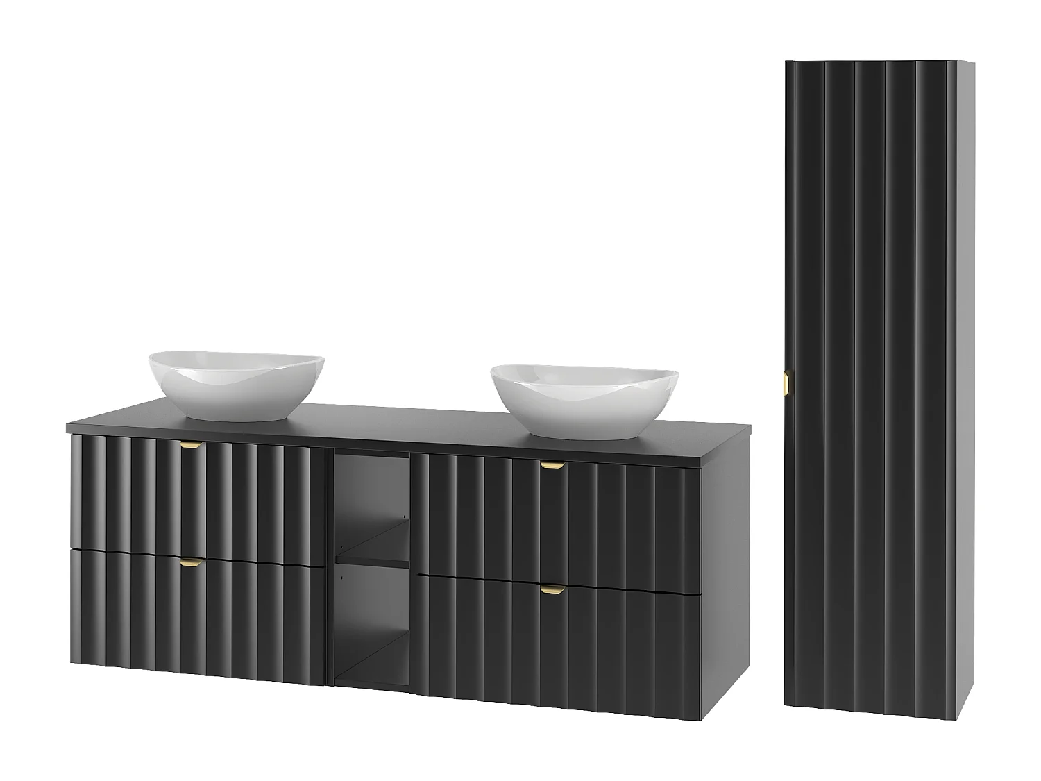 Ensemble de salle de bain noir 140 cm Armoire avec plan de travail Étagère Lavabo Colonne Façades rainurées Arcos