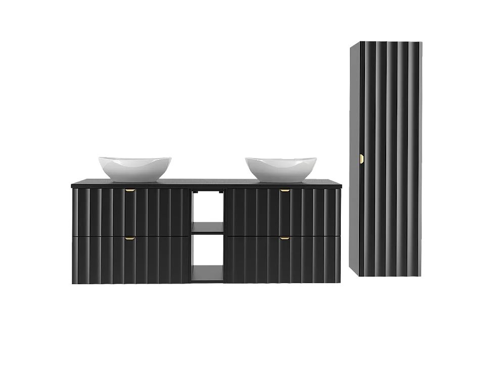 Ensemble de salle de bain noir 140 cm Armoire avec plan de travail Étagère Lavabo Colonne Façades rainurées Arcos