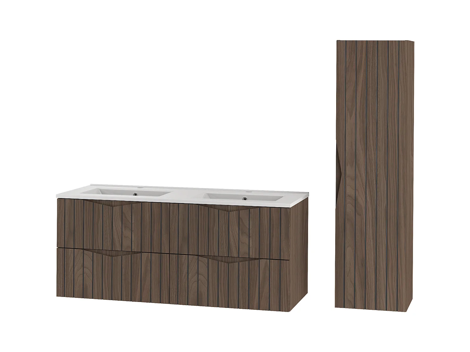 Ensemble de salle de bain 120 cm Meuble avec lavabo Colonne Façades rainurées Chêne Noyer Stella