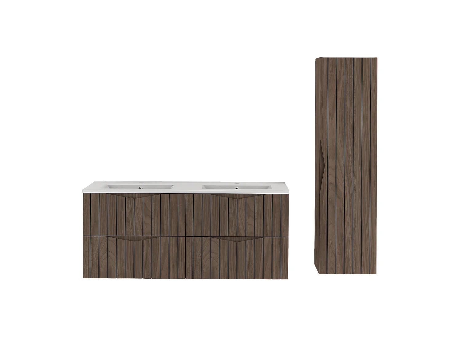 Ensemble de salle de bain 120 cm Meuble avec lavabo Colonne Façades rainurées Chêne Noyer Stella