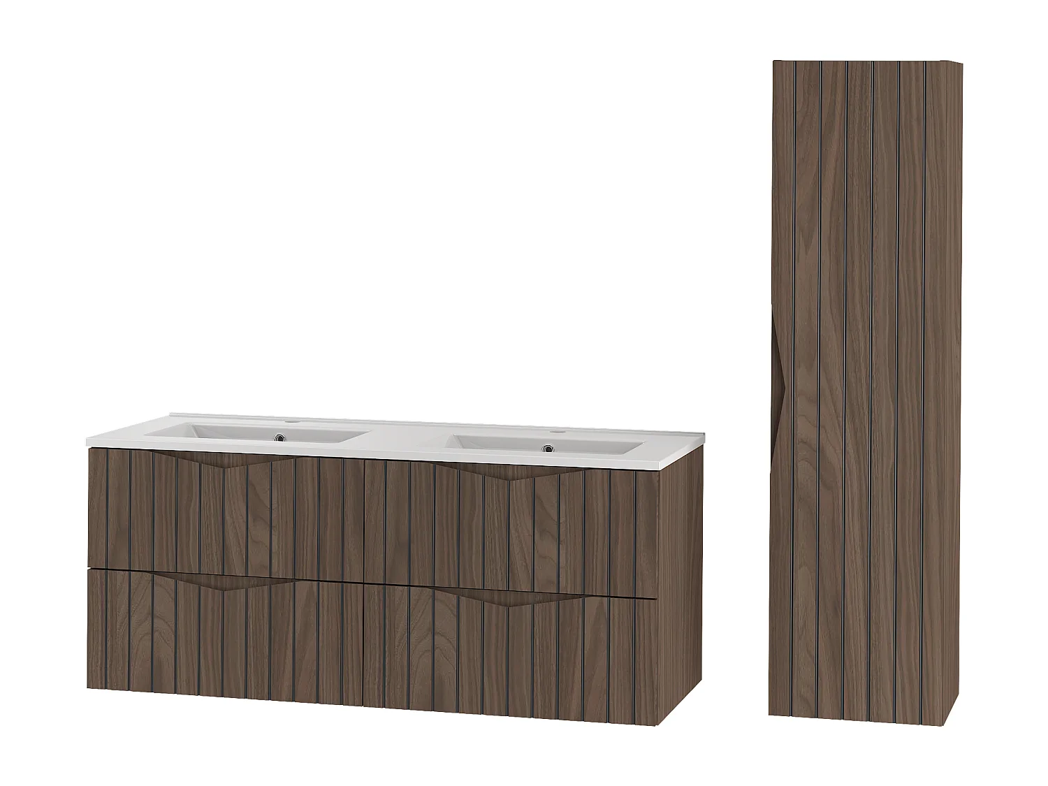 Ensemble de salle de bain 120 cm Meuble avec lavabo Colonne Façades rainurées Chêne Noyer Stella