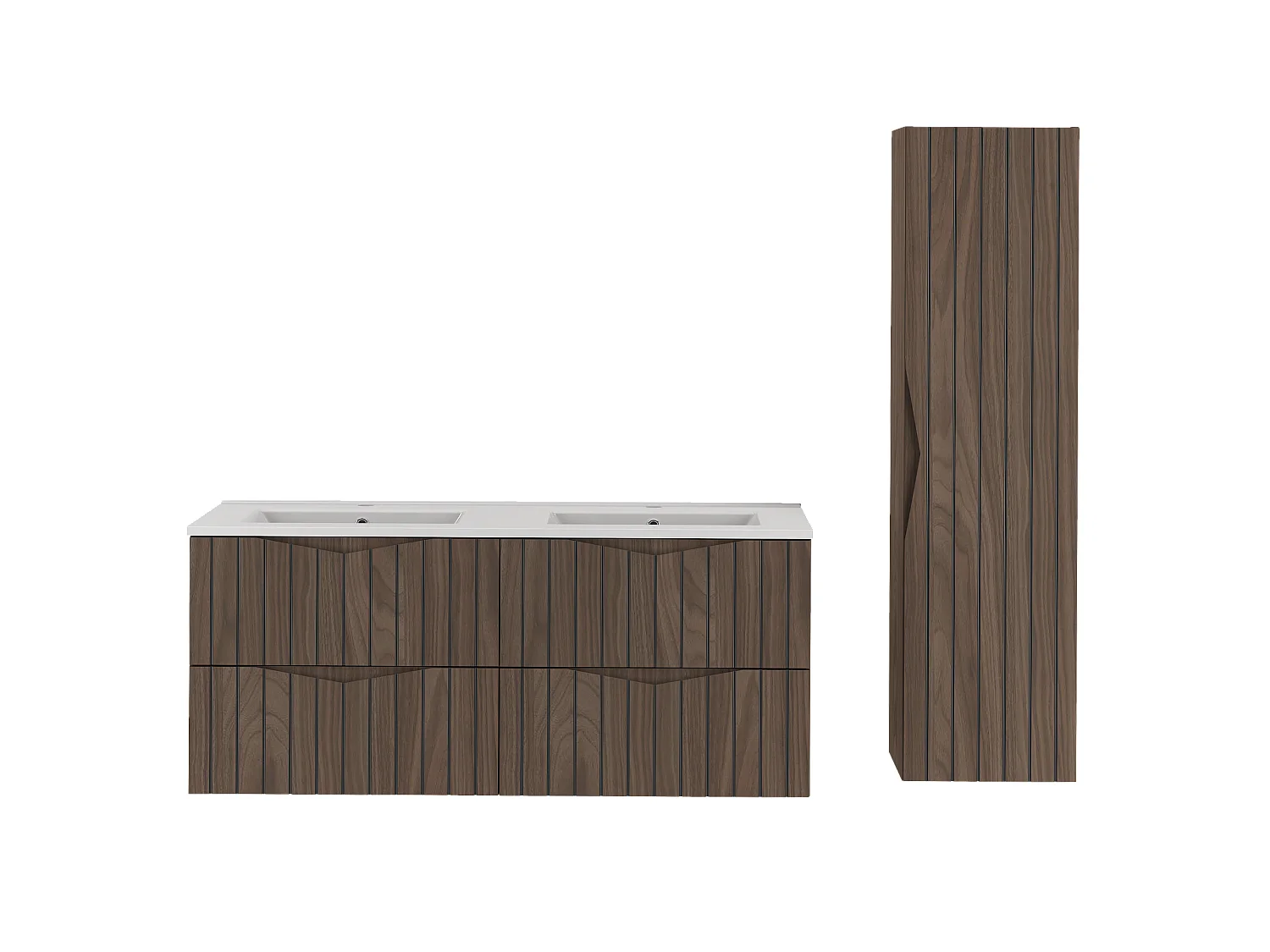Ensemble de salle de bain 120 cm Meuble avec lavabo Colonne Façades rainurées Chêne Noyer Stella