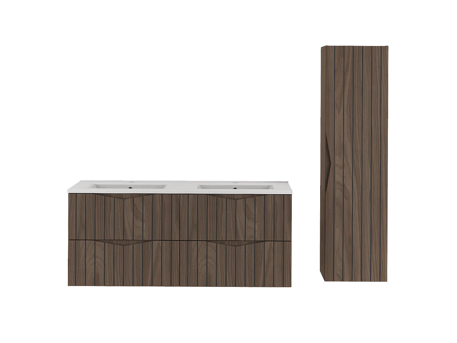 Ensemble de salle de bain 120 cm Meuble avec lavabo Colonne Façades rainurées Chêne Noyer Stella