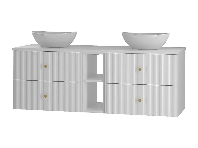 Weiß Badezimmer Set 140cm Schrank und Regal mit Arbeitsplatte und Waschbecken Geriffelte Fronten Aqua