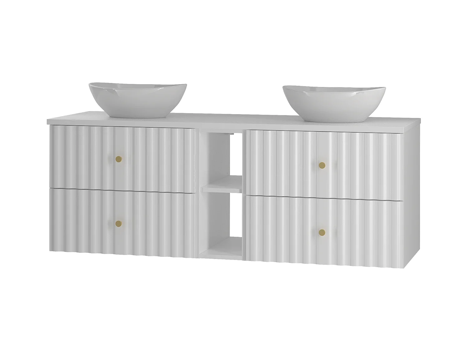 Ensemble de salle de bain blanc 140 cm Armoire avec plan de travail Lavabo Étagère Façades rainurées Aqua