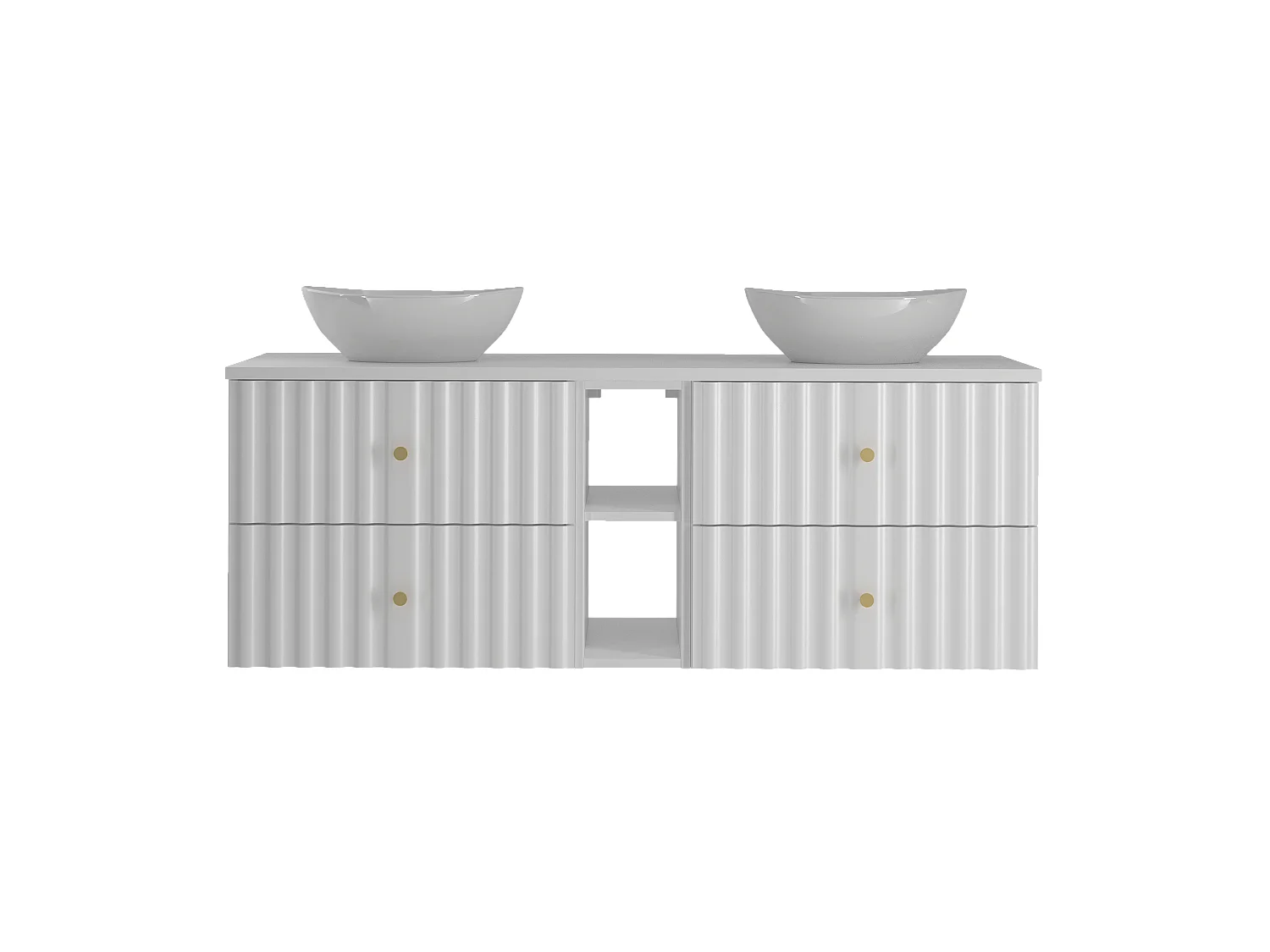 Ensemble de salle de bain blanc 140 cm Armoire avec plan de travail Lavabo Étagère Façades rainurées Aqua