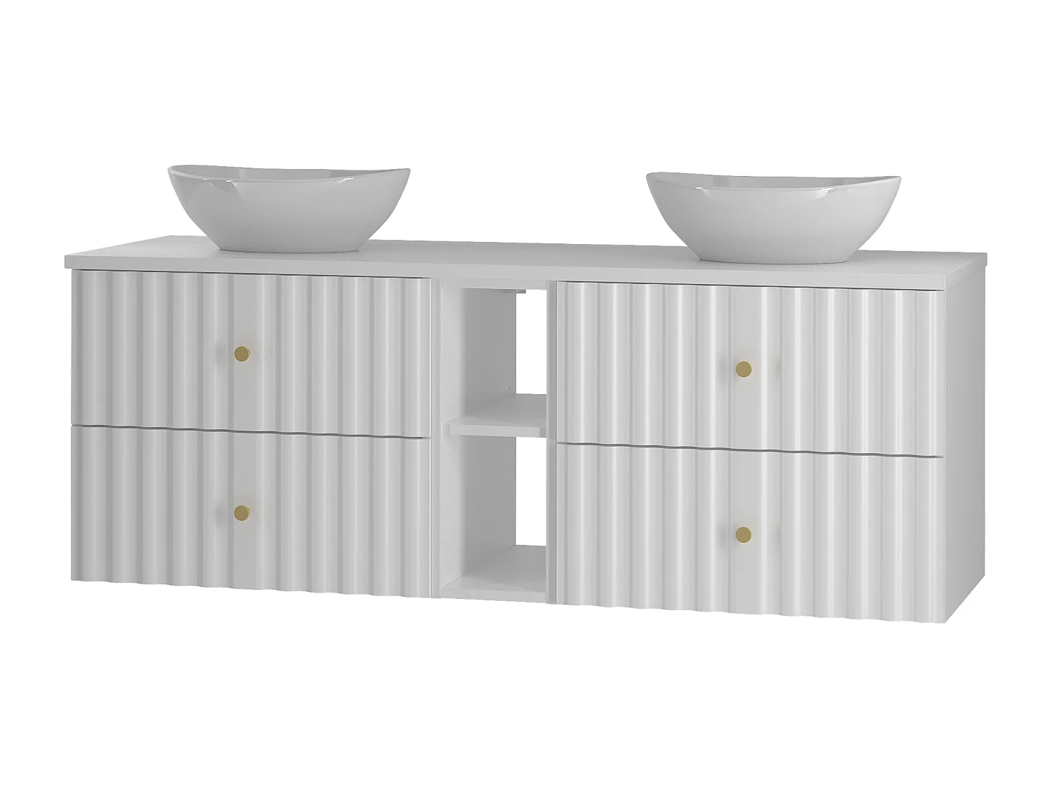 Ensemble de salle de bain blanc 140 cm Armoire avec plan de travail Lavabo Étagère Façades rainurées Aqua