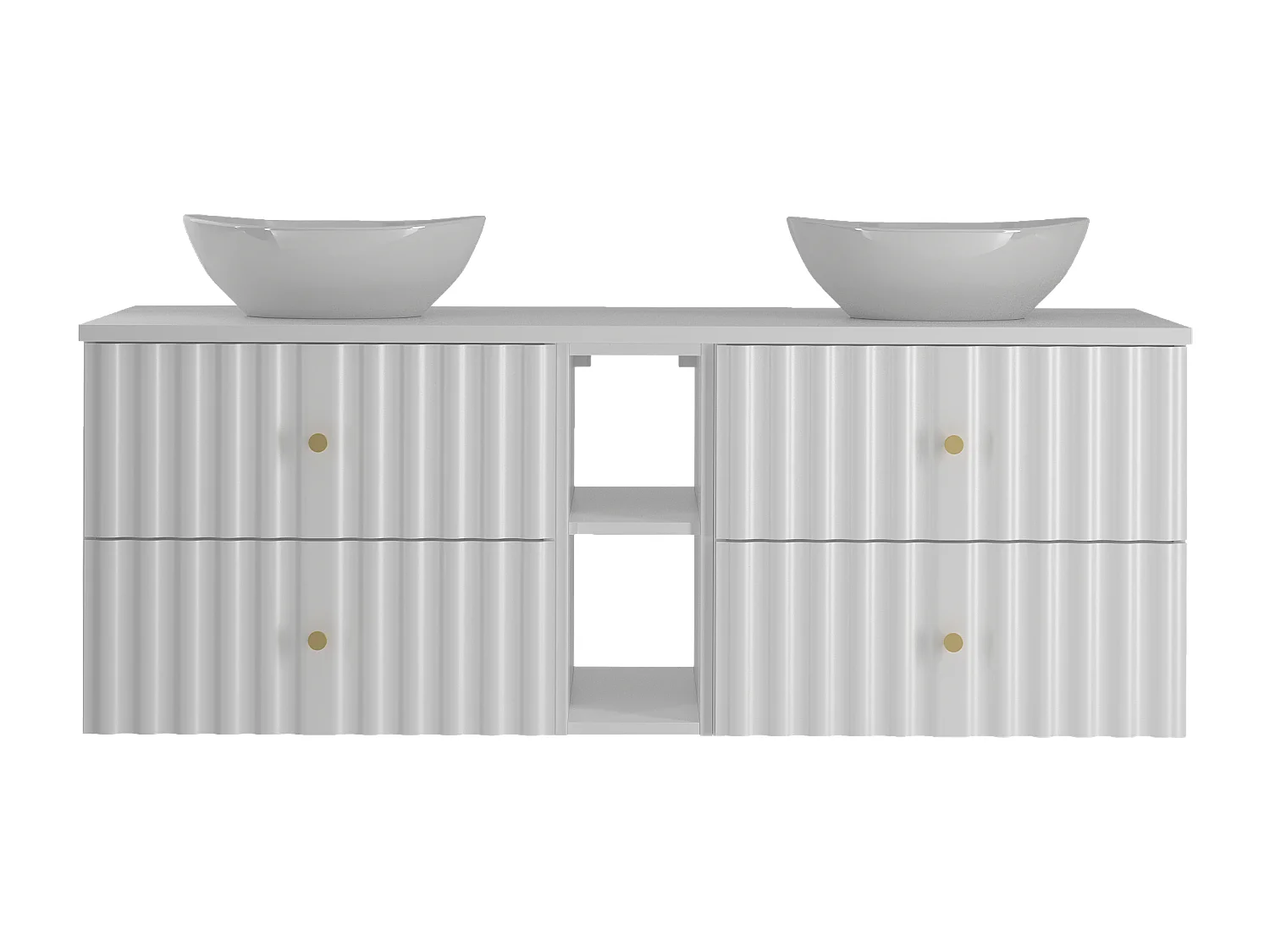 Ensemble de salle de bain blanc 140 cm Armoire avec plan de travail Lavabo Étagère Façades rainurées Aqua